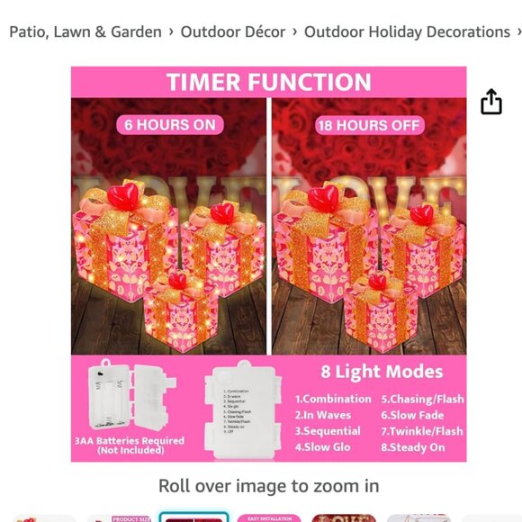 Timer & 8 Modes ] 3 Pack Red Valentines Gift Boxes Decor Lighted With 3D Hearts - Picture 5 of 8